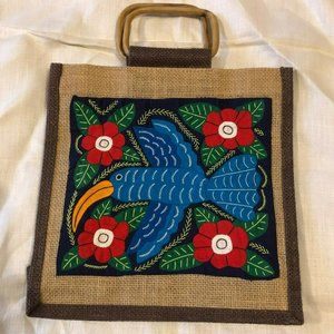 Burlap Handbag Purse Tote Stitched Parrot Flowers Wax Lined
